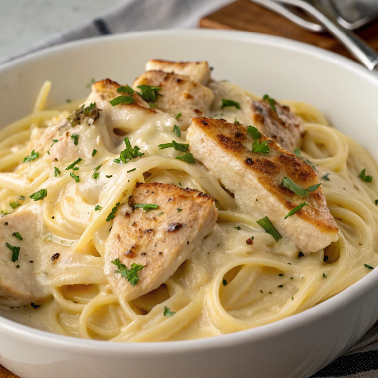 Creamy garlic Parmesan chicken pasta served in a bowl with parsley and Parmesan garnish.