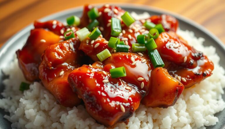 Air fryer teriyaki chicken, golden and caramelized, garnished with sesame seeds and green onions, served with vegetables and rice.