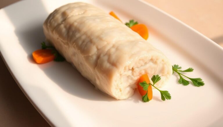 A sliced loaf of gefilte fish served on a plate, garnished with herbs and accompanied by vegetables.