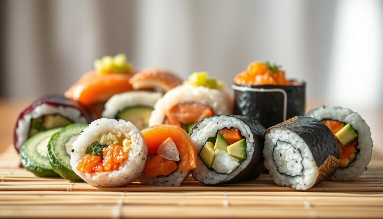 A variety of sushi rolls arranged on a bamboo mat, featuring fresh ingredients such as salmon, avocado, cucumber, and rice wrapped in seaweed.