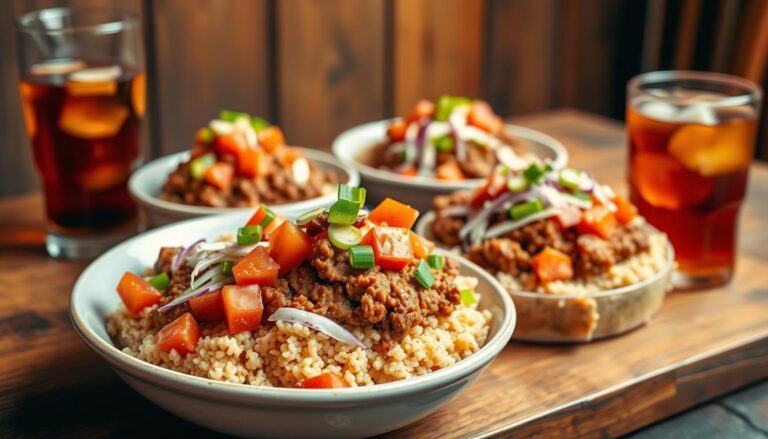 A delicious display of Healthy Sloppy Joe Bowls, featuring seasoned ground meat served over a bed of grains, topped with diced tomatoes, green onions, and served with refreshing drinks.