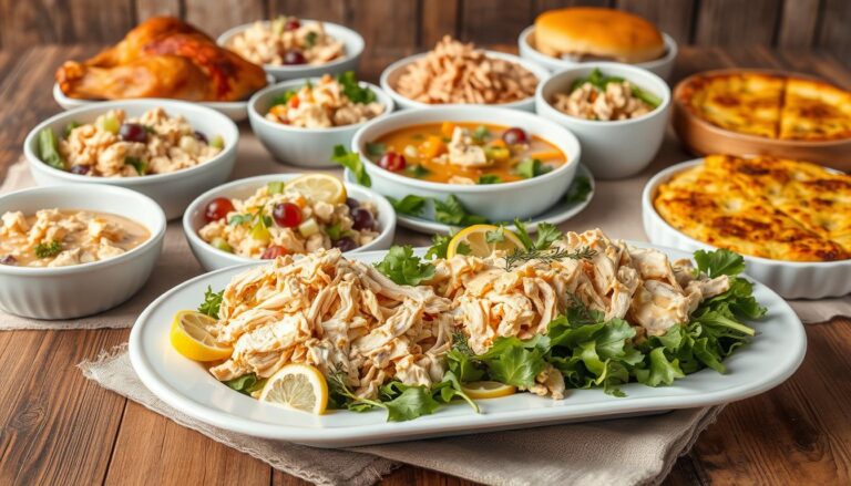 A vibrant display of Rotisserie Chicken Meal Ideas, featuring shredded chicken on a bed of greens, surrounded by various salad bowls and side dishes.