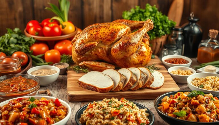 A beautifully roasted chicken displayed on a wooden board, surrounded by various Mouthwatering Roasted Chicken Dinner Ideas, including colorful side dishes and fresh vegetables.