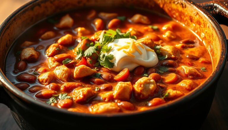 A bowl of Mouthwatering Chicken Chili with tender chicken pieces, kidney beans, and a rich broth, topped with sour cream, shredded cheese, and fresh cilantro.