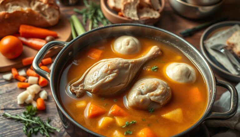 A bowl of hearty chicken drumstick soup with vegetables, garnished with fresh herbs.