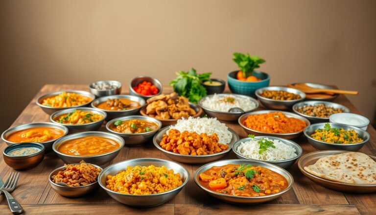 A spread of various Indian Quick Dinner Ideas Vegetarian, featuring dishes like paneer bhurji, vegetable pulao, dal tadka, and more, all served in traditional bowls.