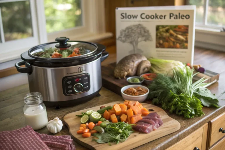 Paleo crock pot recipes featuring a slow cooker filled with fresh ingredients, surrounded by vegetables, herbs, and a wooden cutting board with sliced fish, sweet potatoes, and lime, creating a wholesome and healthy meal.