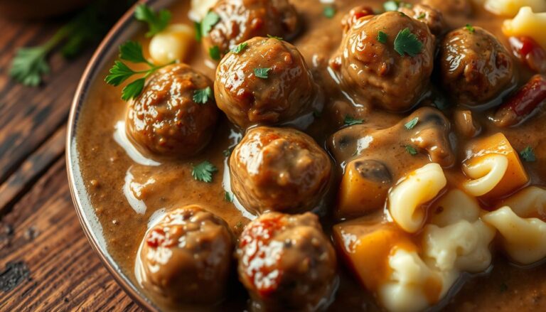 A close-up of succulent meatballs in a savory sauce, surrounded by pasta, showcasing various Mouthwatering Meatball Dinner Ideas.