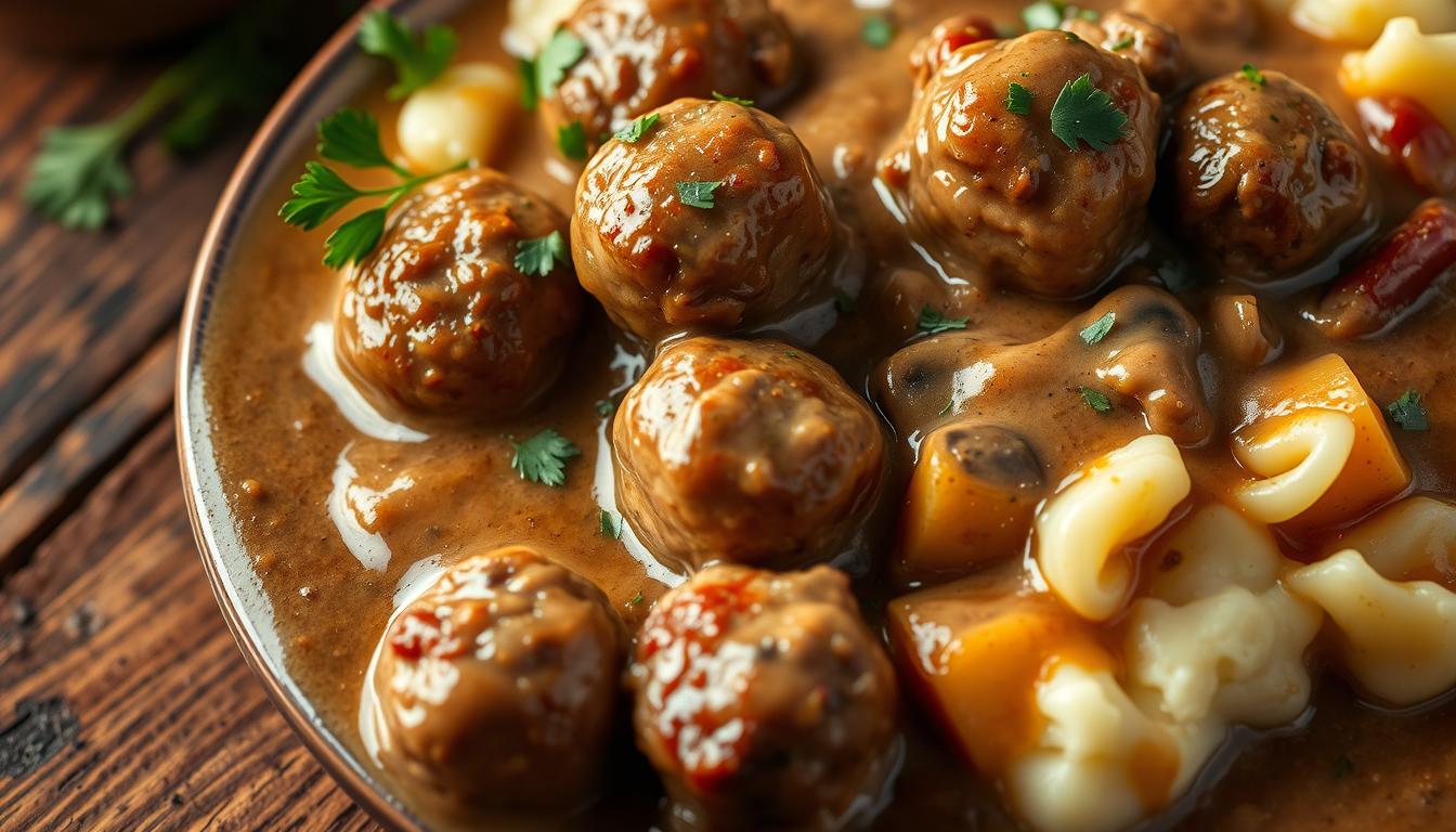 A close-up of succulent meatballs in a savory sauce, surrounded by pasta, showcasing various Mouthwatering Meatball Dinner Ideas.