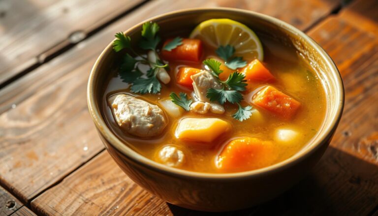A warm bowl of sopa de pollo, featuring tender chicken, carrots, and herbs, garnished with a slice of lemon and fresh cilantro.