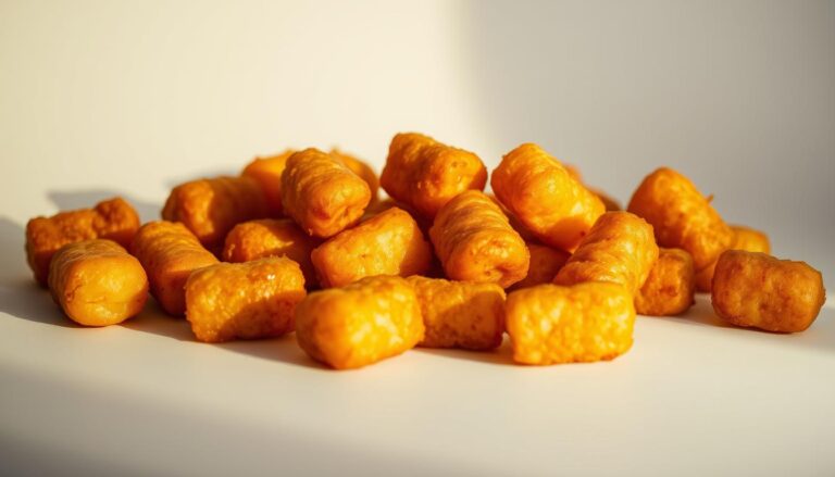 A close-up view of golden-brown Ore-Ida tater tots piled on a light surface, showcasing their crispy texture.