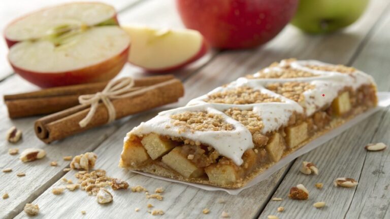 A delicious apple pie protein bar topped with icing and crumbles, displayed on a wooden surface, accompanied by sliced apples and cinnamon sticks.