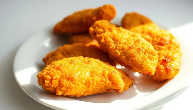 A plate of golden-brown baked chicken tenders, crispy on the outside and juicy on the inside, arranged neatly on a white plate.