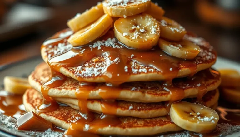 A stack of fluffy pancakes topped with caramelized bananas, drizzled with a rich caramel sauce, and dusted with powdered sugar, served on a plate.