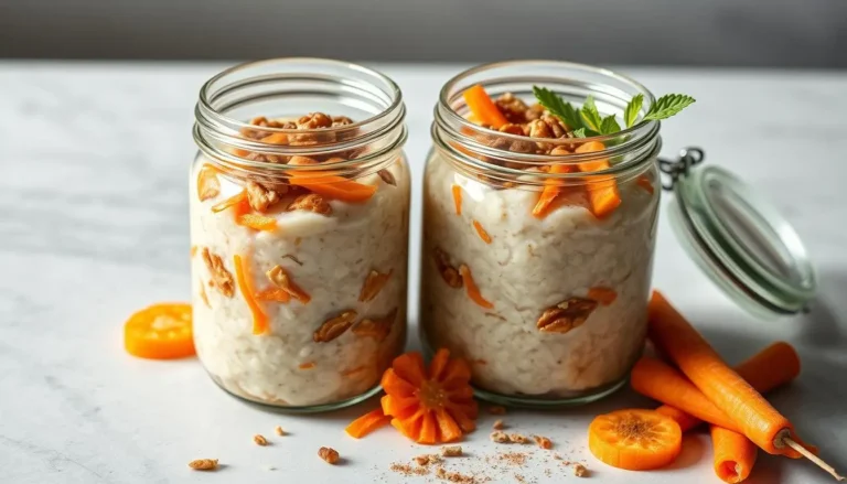 Two jars of carrot cake overnight oats layered with grated carrots and topped with walnuts and a sprig of mint, surrounded by fresh carrots and a decorative flower.