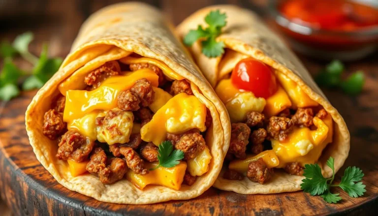 Two delicious chorizo and egg burritos filled with scrambled eggs, seasoned chorizo, and melted cheese, garnished with fresh cilantro on a wooden serving board.
