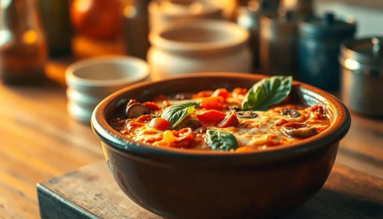 A bowl of Easy Pizza Soup, topped with melted cheese, colorful vegetables, and fresh basil, set on a wooden countertop with various spices in the background.