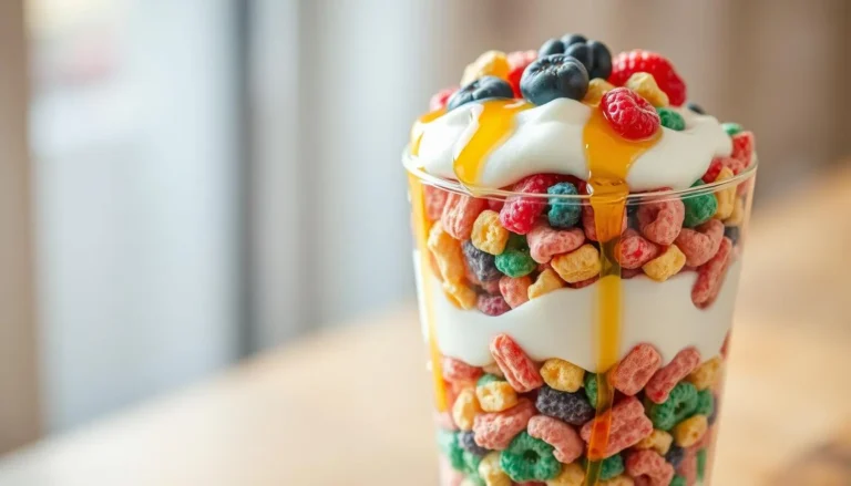 A clear glass filled with layers of yogurt, Fruity Pebbles cereal, and fresh berries, drizzled with honey, displayed on a wooden table.