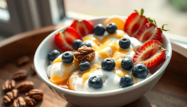 A bowl of Heavenly Breakfast Banana Split, featuring yogurt, sliced bananas, fresh strawberries, blueberries, and a drizzle of honey, garnished with pecans.