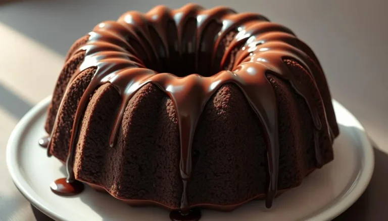 A rich, dark chocolate bundt cake drizzled with glossy chocolate glaze, sitting on a white plate with a soft light illuminating its texture.
