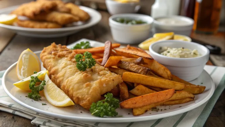 A plate of lectin-free fish and chips featuring crispy fried fish fillets, golden sweet potato fries, and lemon wedges, garnished with fresh parsley and served with a creamy dipping sauce.