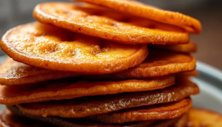 A close-up stack of golden-brown patacones, crispy and stacked neatly on a plate, showcasing their texture.