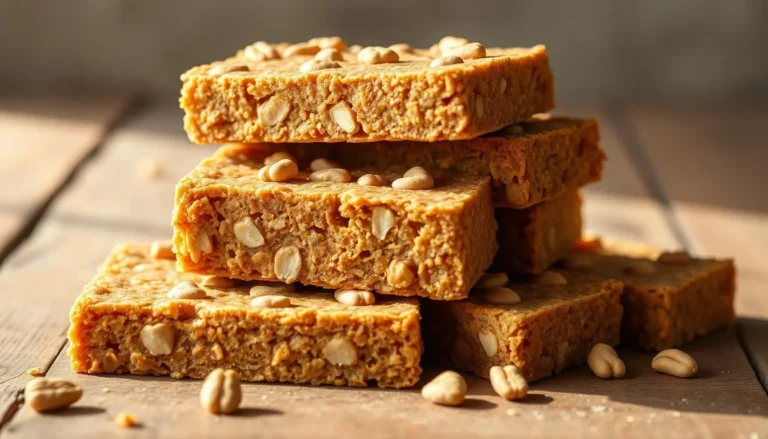 A stack of peanut butter protein bars topped with crushed peanuts, displayed on a rustic wooden surface with warm lighting.