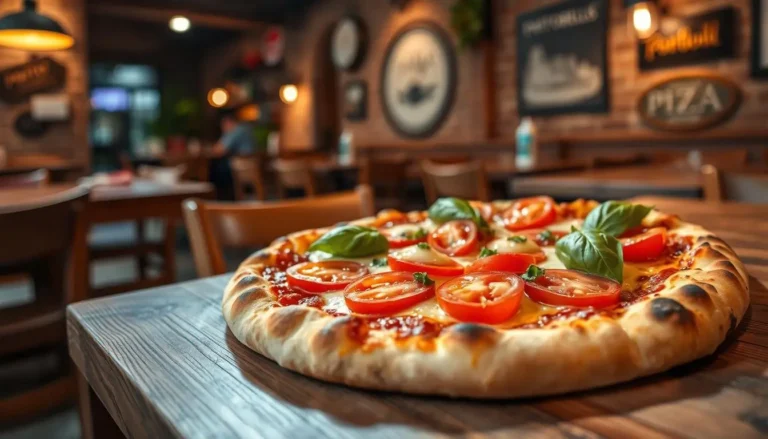 A freshly baked Portobello pizza topped with sliced tomatoes and fresh basil, presented on a wooden table in a cozy restaurant setting.