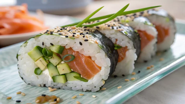 A close-up of sushi rolls filled with salmon, cucumber, and scallions, topped with sesame seeds, served on a light green plate with pickled ginger in the background.