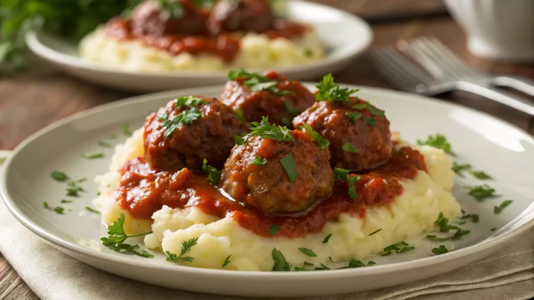 A plate of Salisbury steak meatballs served on a bed of creamy mashed potatoes, topped with marinara sauce and garnished with fresh parsley.