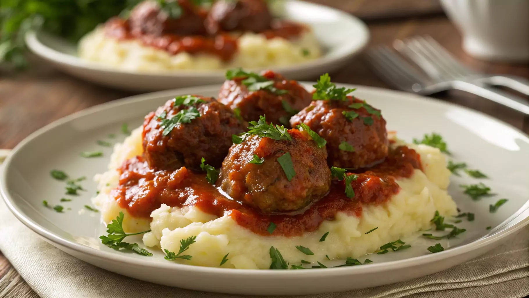 A plate of Salisbury steak meatballs served on a bed of creamy mashed potatoes, topped with marinara sauce and garnished with fresh parsley.