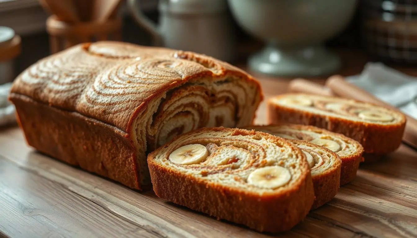 A loaf of snickerdoodle banana bread with beautiful swirls, sliced to reveal its moist interior, set on a wooden surface.