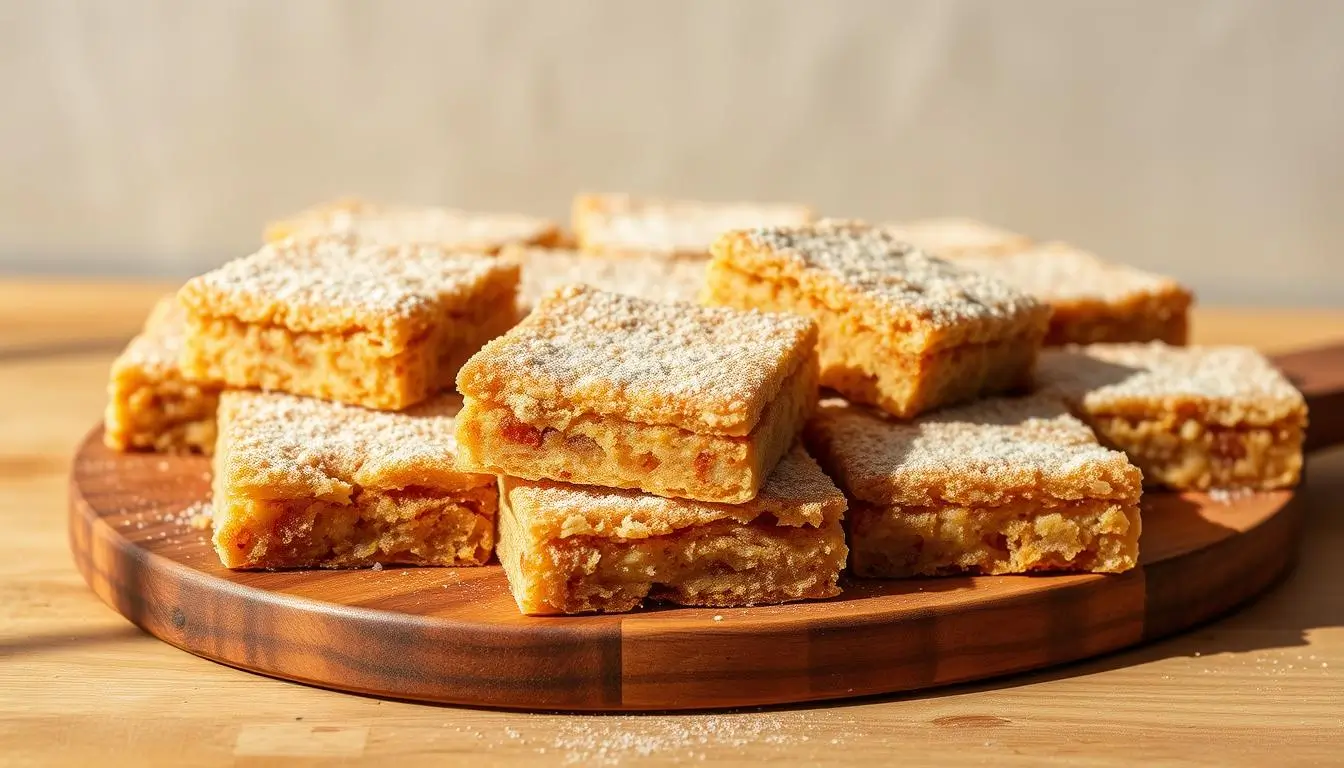 A wooden serving board filled with freshly baked Snickerdoodle Bars, dusted with powdered sugar, showcasing their golden brown edges and soft texture.